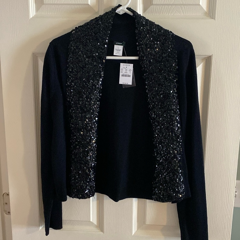 J. Crew black sequin open front cardigan, size large
